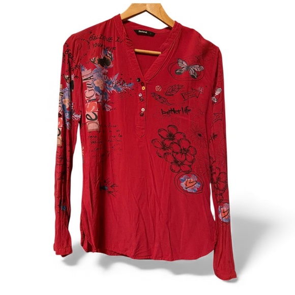 Desigual Tunic Lisa red graffiti blouse words size 4 - Picture 2 of 6